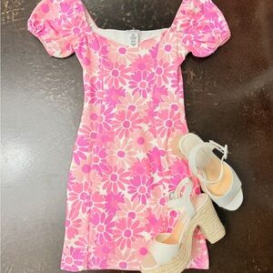 Pink floral mini dress with puff sleeves